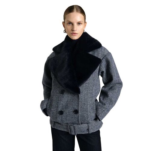 Cue Wool Herringbone Coat With Faux Fur Collar